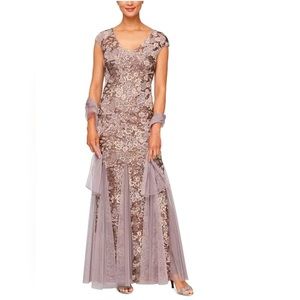 NEW! Alex Evenings Embellished Lace Embroidered Trumpet Gown Pink SZ 18